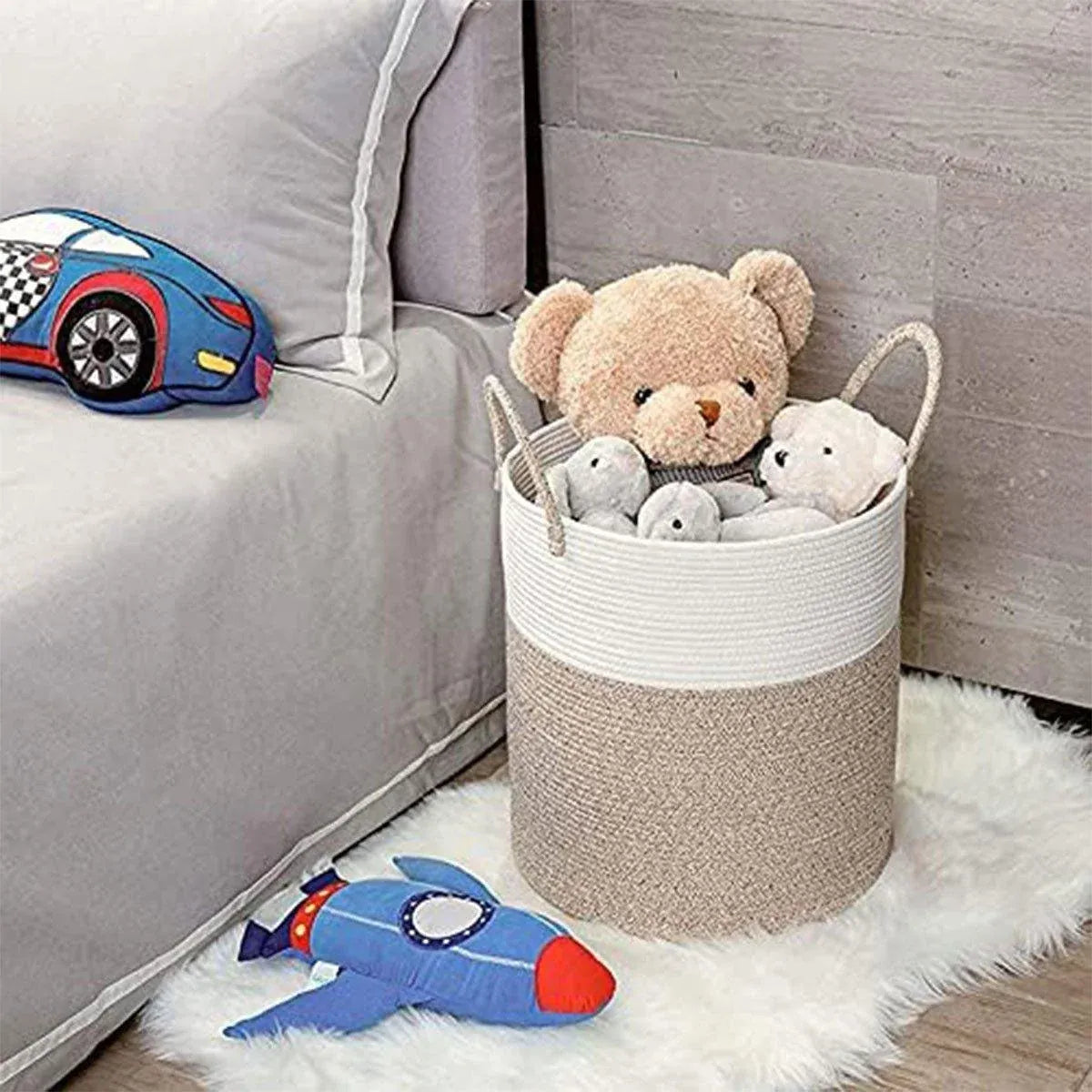 Woven Cotton Rope Storage Basket Foldable Laundry Bin Bamboo Clothes Organizer - White Brown