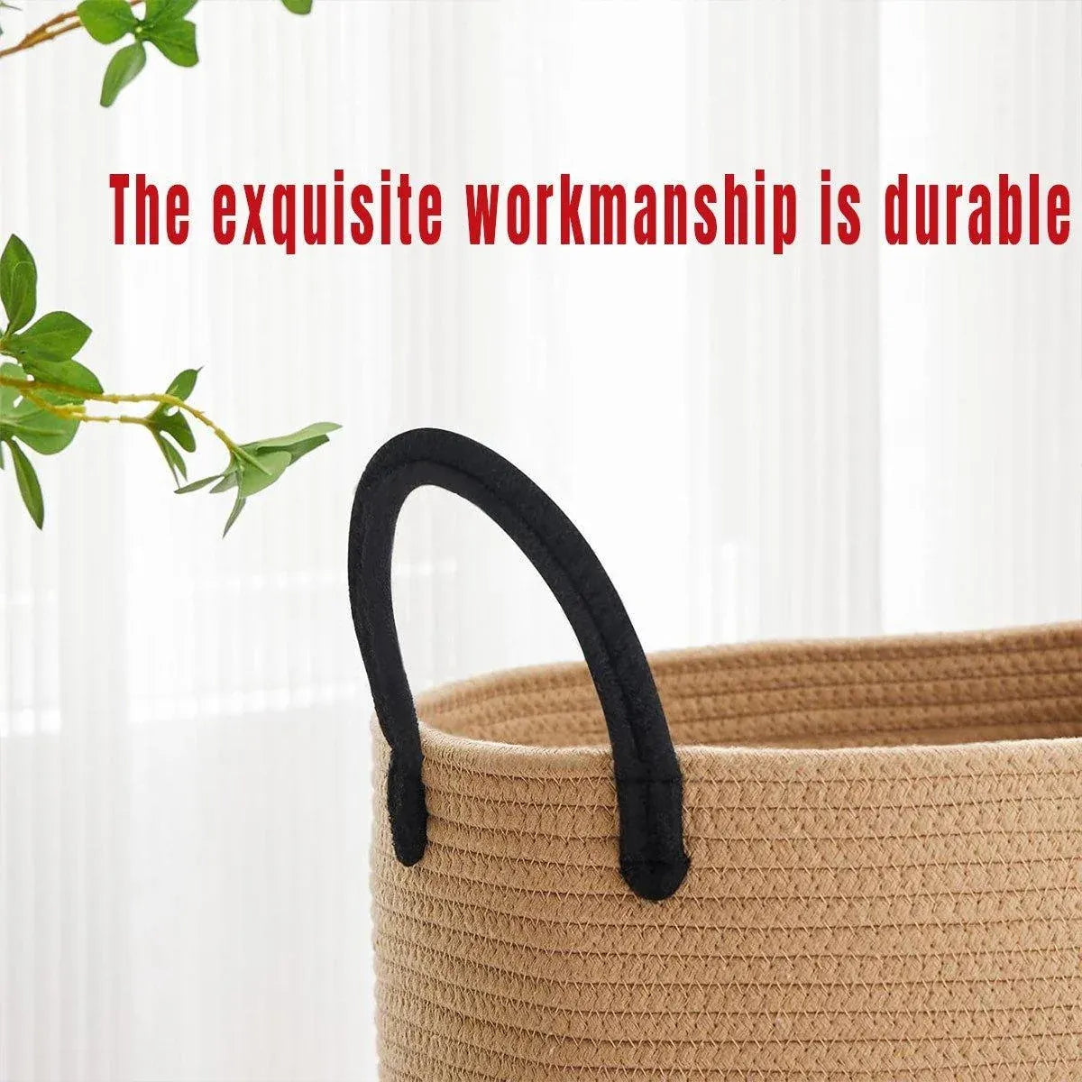 Woven Cotton Rope Storage Basket Foldable Laundry Bin Bamboo Clothes Organizer - White Brown