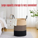 Woven Cotton Rope Storage Basket Foldable Laundry Bin Bamboo Clothes Organizer - White Brown