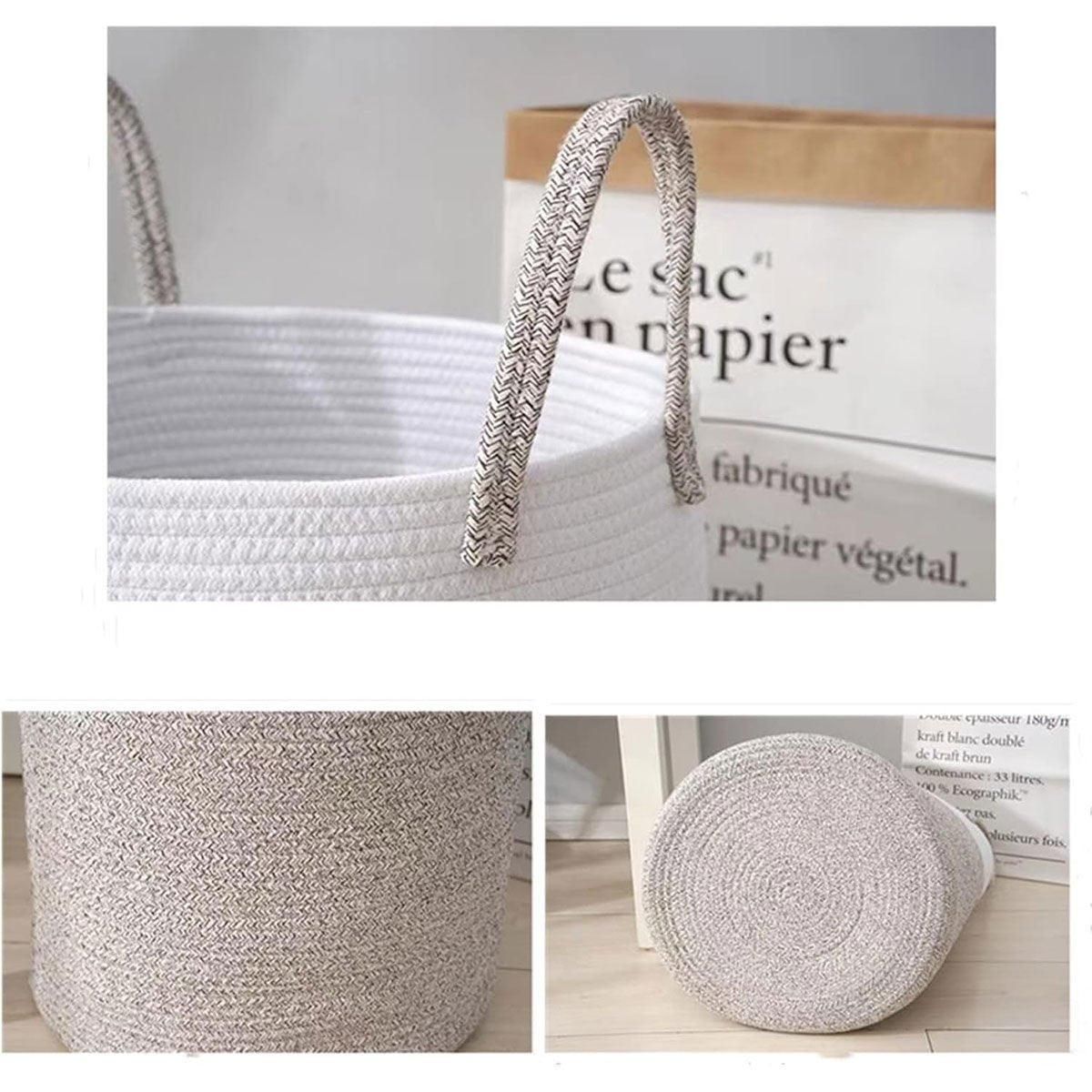 Woven Cotton Rope Storage Basket Foldable Laundry Bin Bamboo Clothes Organizer - White Brown