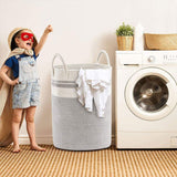 Woven Cotton Rope Storage Basket Foldable Laundry Bin Bamboo Clothes Organizer - White Brown