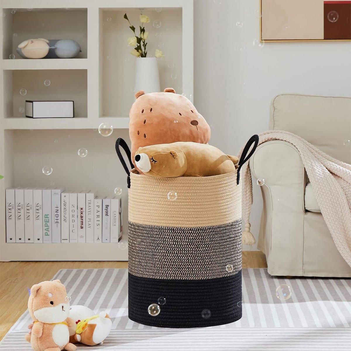 Woven Cotton Rope Storage Basket Foldable Laundry Bin Bamboo Clothes Organizer - White Brown