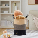 Woven Cotton Rope Storage Basket Foldable Laundry Bin Bamboo Clothes Organizer - White Brown