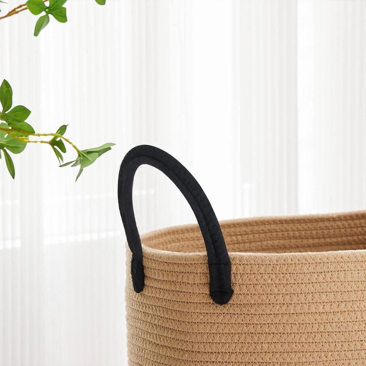 Woven Cotton Rope Storage Basket Foldable Laundry Bin Bamboo Clothes Organizer - White Brown