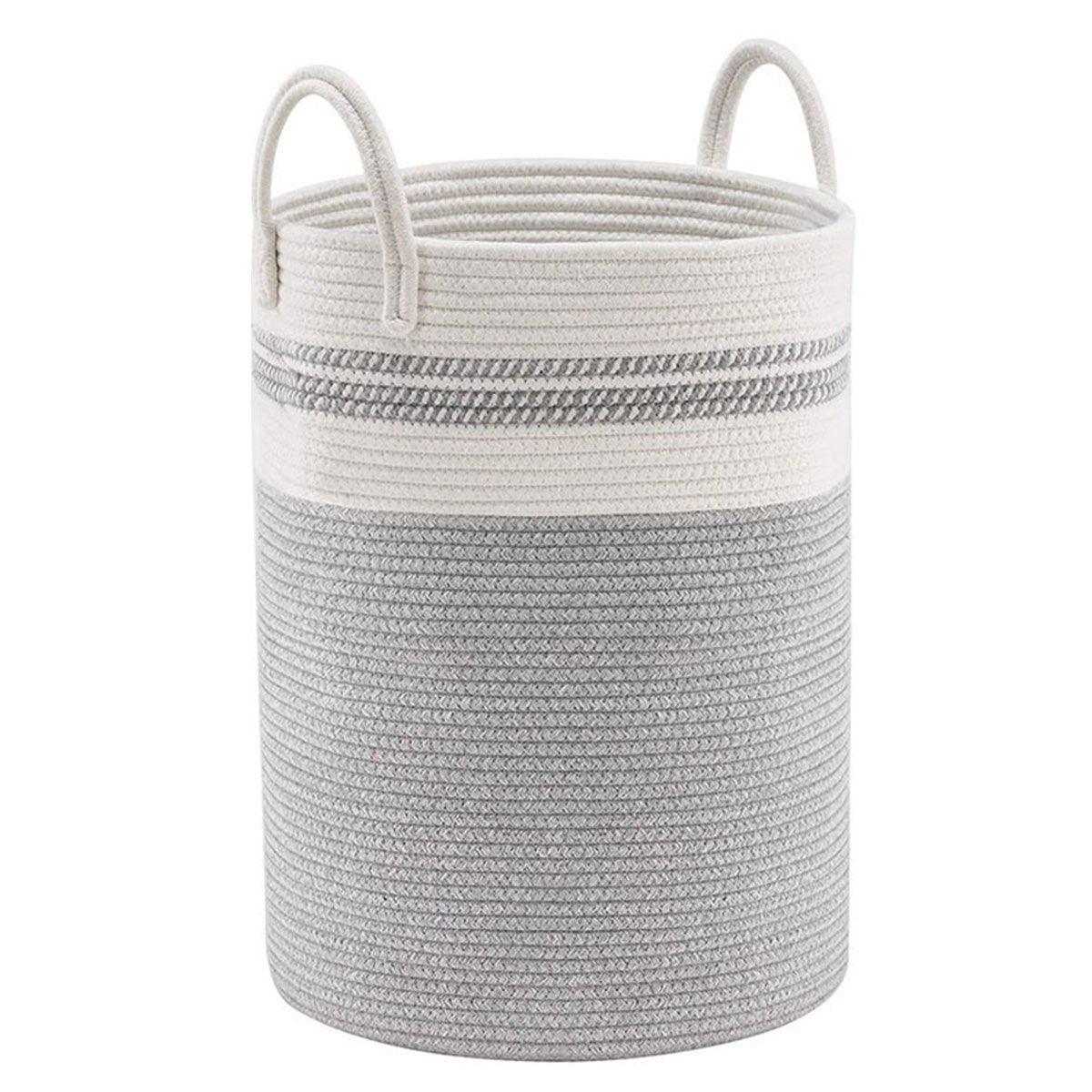 Woven Cotton Rope Storage Basket Foldable Laundry Bin Bamboo Clothes Organizer - White Brown