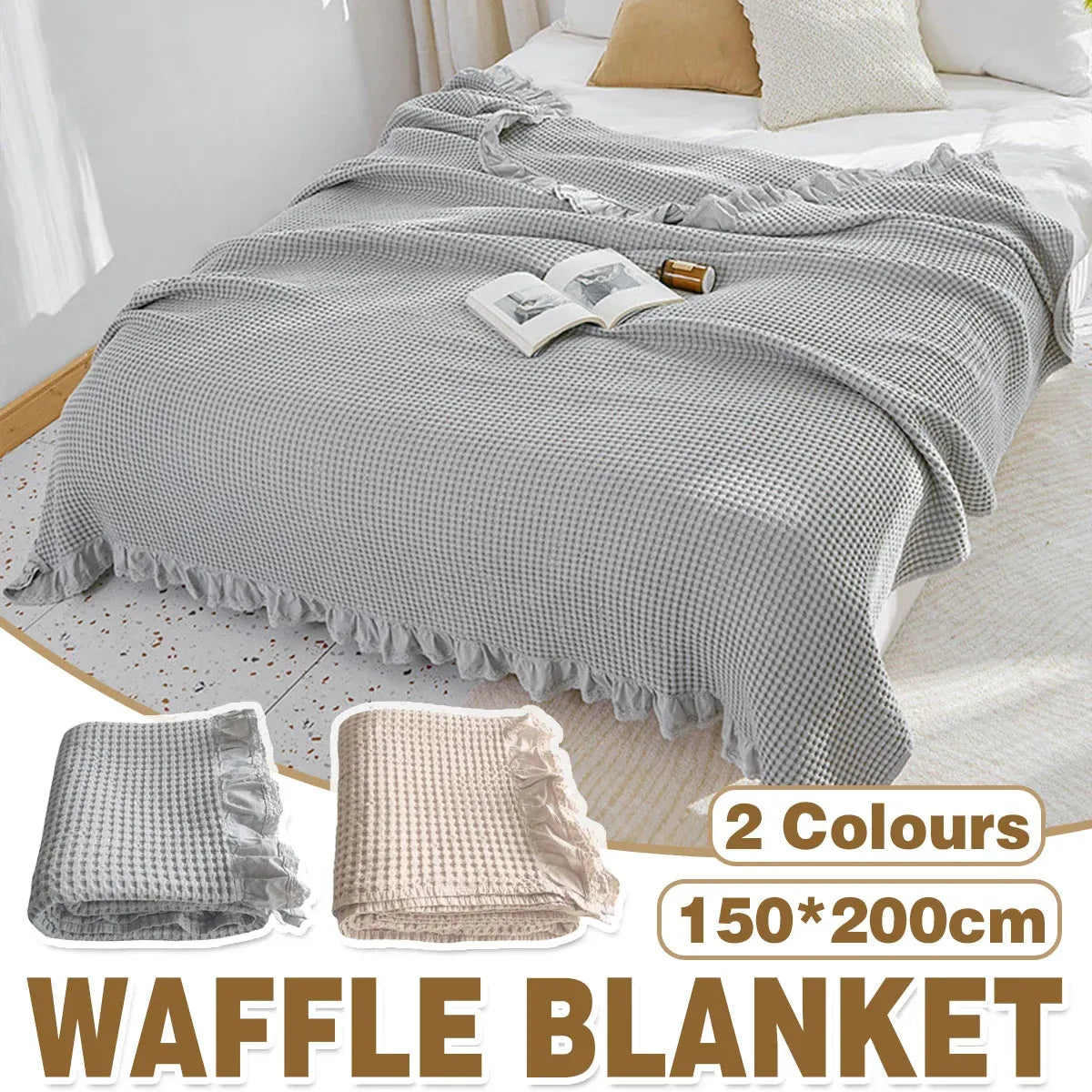 Waffle Sofa Blanket Thin Lightweight Throw Soft Cover Couch Bed Living Room Use - Beige