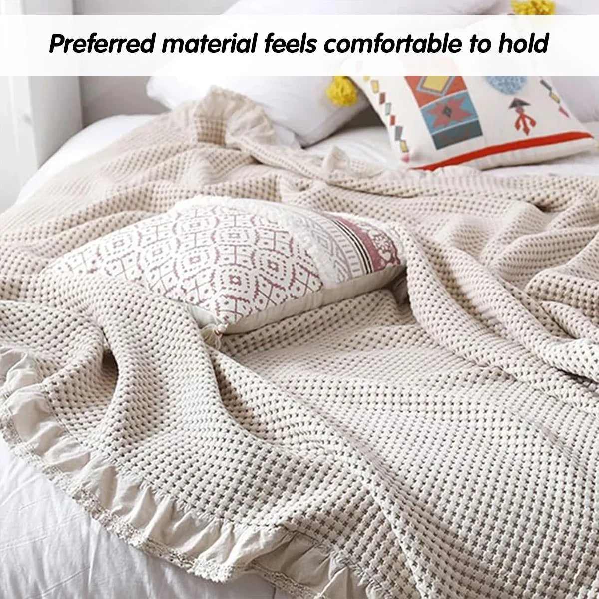 Waffle Sofa Blanket Thin Lightweight Throw Soft Cover Couch Bed Living Room Use - Beige