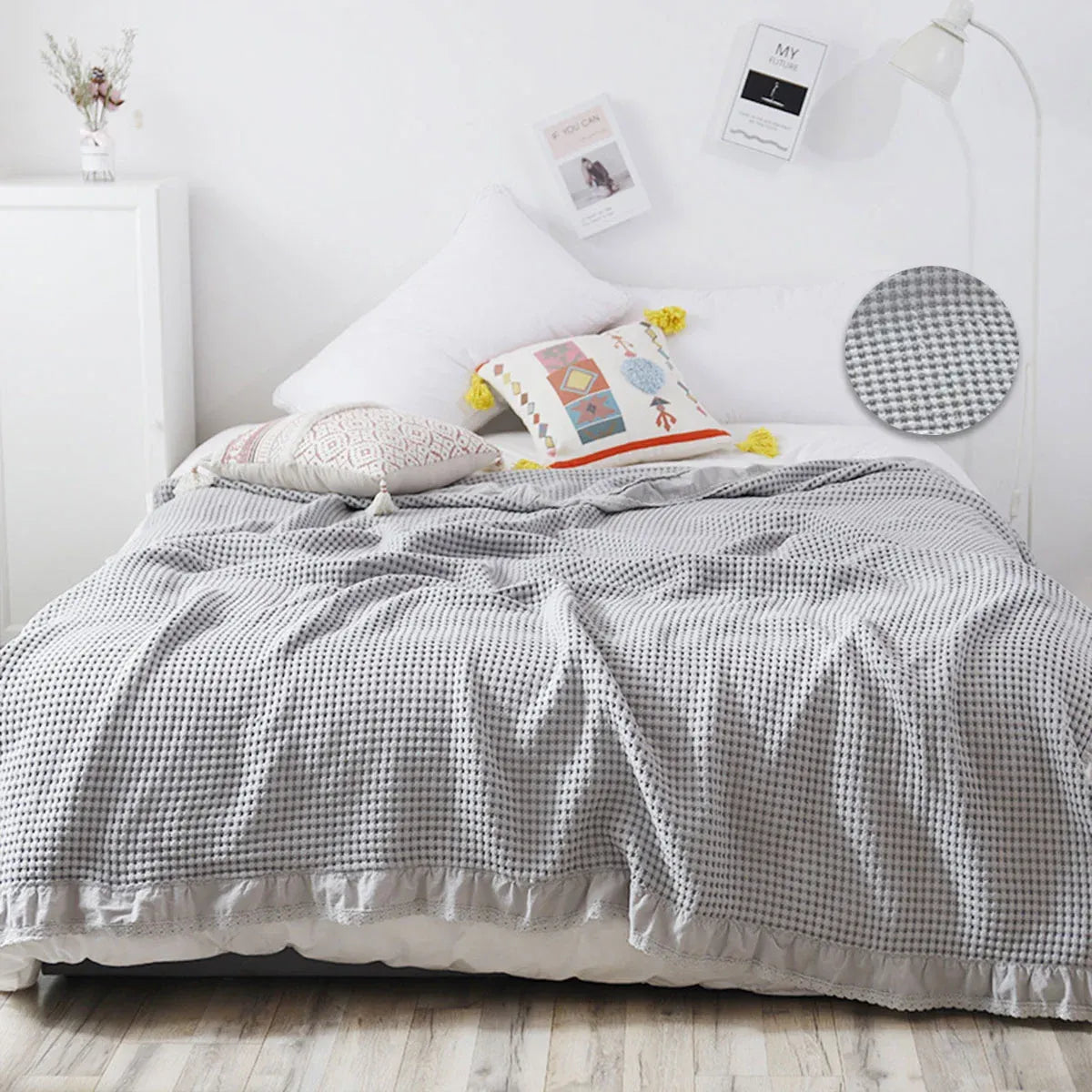 Waffle Sofa Blanket Thin Lightweight Throw Soft Cover Couch Bed Living Room Use - Beige