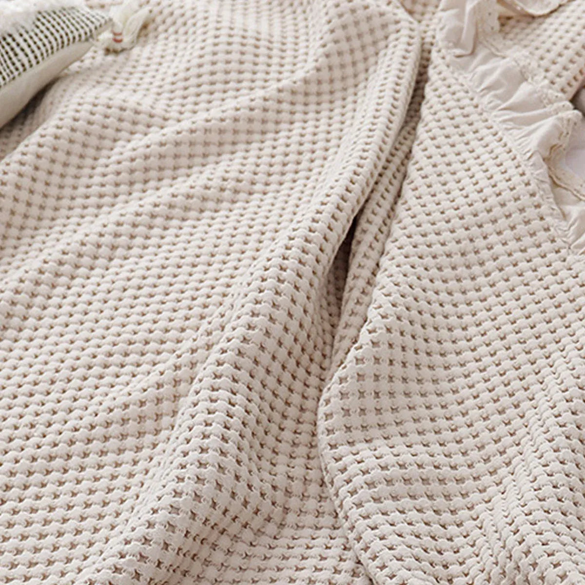 Waffle Sofa Blanket Thin Lightweight Throw Soft Cover Couch Bed Living Room Use - Beige
