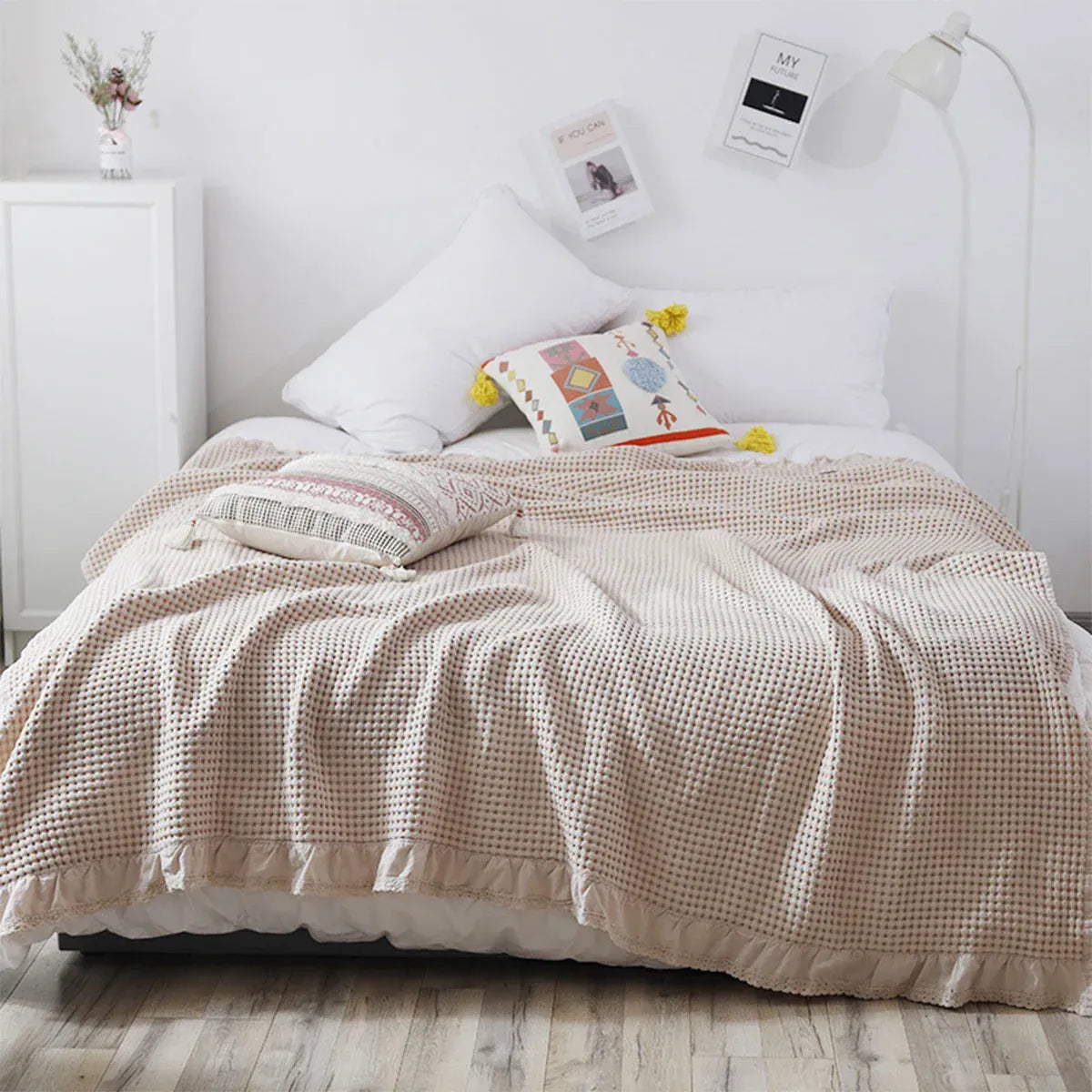 Waffle Sofa Blanket Thin Lightweight Throw Soft Cover Couch Bed Living Room Use - Beige