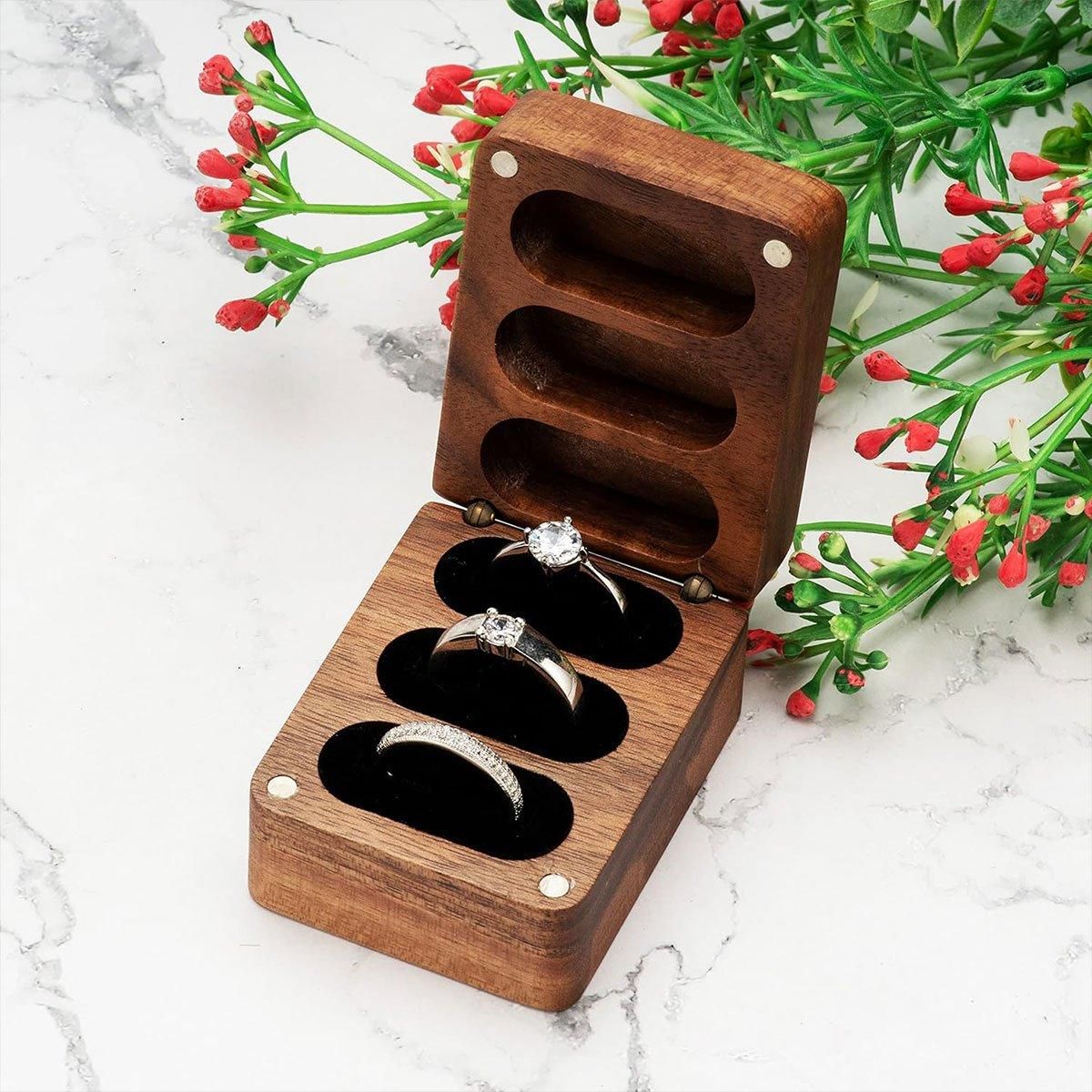 Wooden Ring Jewellery Box High Storage Box with Three Compartments for Rings
