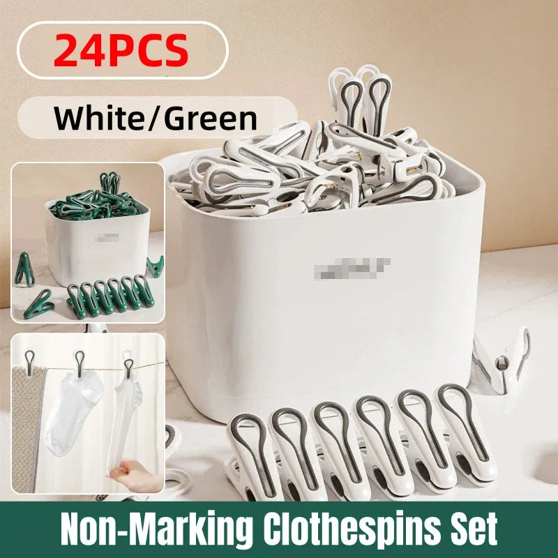 24pcs Clothes Pegs with Storage Basket Laundry Sock Clips Non Slip Drying Hanger - Green