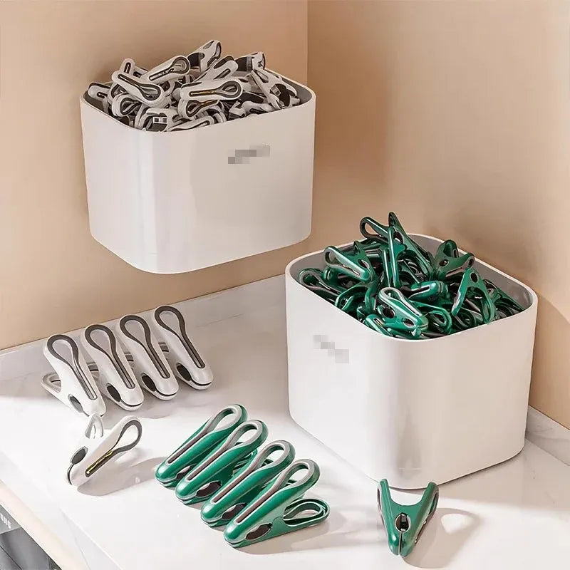24pcs Clothes Pegs with Storage Basket Laundry Sock Clips Non Slip Drying Hanger - Green
