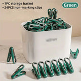 24pcs Clothes Pegs with Storage Basket Laundry Sock Clips Non Slip Drying Hanger - Green