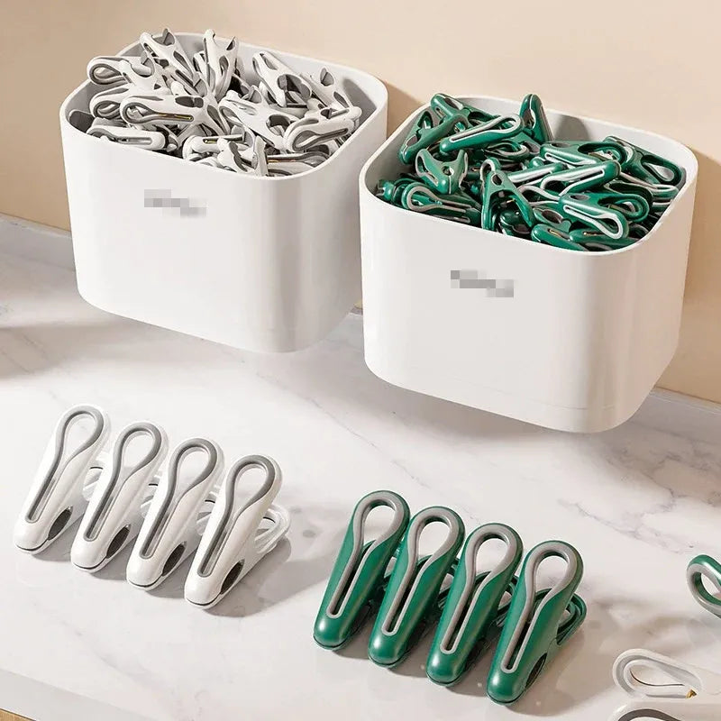 24pcs Clothes Pegs with Storage Basket Laundry Sock Clips Non Slip Drying Hanger - Green
