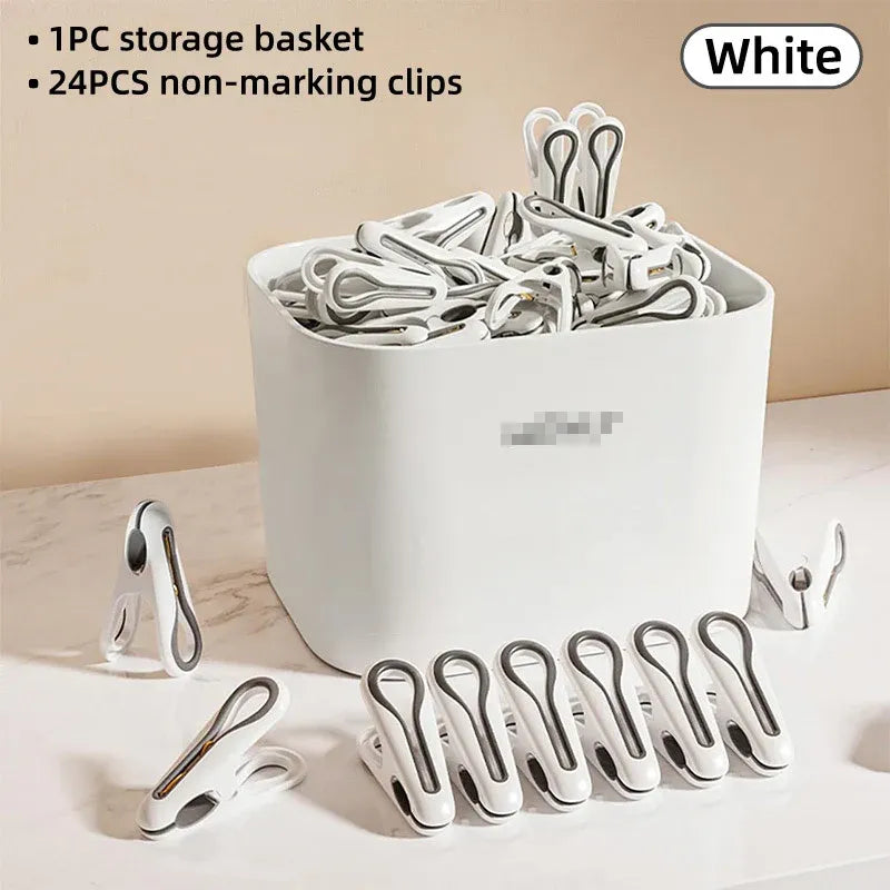 24pcs Clothes Pegs with Storage Basket Laundry Sock Clips Non Slip Drying Hanger - Green