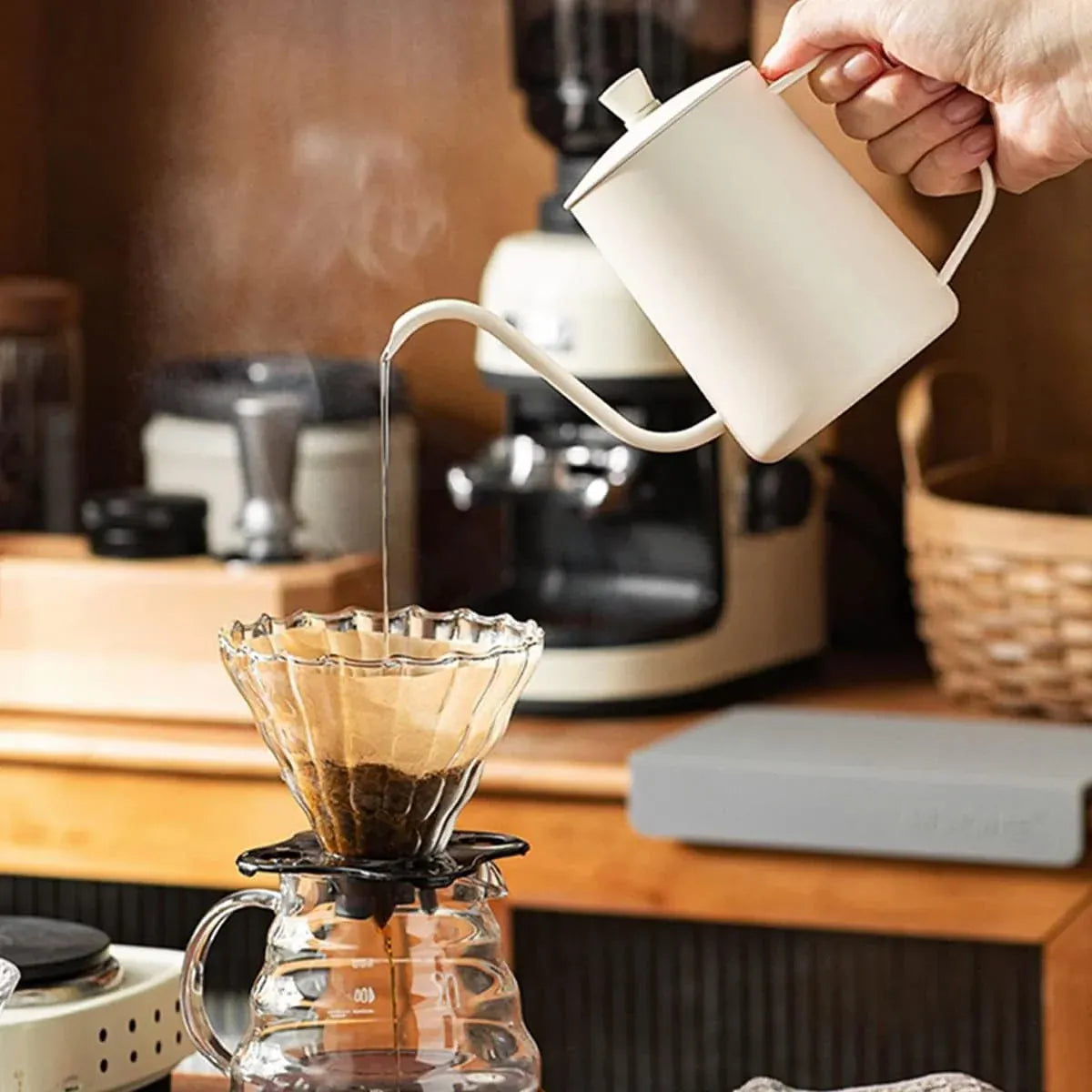 Hand Drip Coffee Pot Stainless Steel Fine Spout Hanging Ear Filter Cup Kettle - Silver