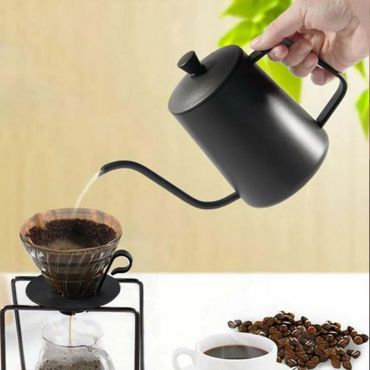 Hand Drip Coffee Pot Stainless Steel Fine Spout Hanging Ear Filter Cup Kettle - Silver