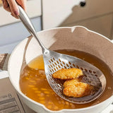 304 Stainless Steel Kitchen Colander Long Handle Noodle Dumpling Strainer Spoon - Yellow wood