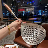 304 Stainless Steel Kitchen Colander Long Handle Noodle Dumpling Strainer Spoon - Yellow wood