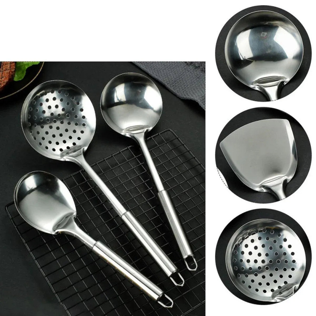 6PCS Stainless Steel Kitchen Utensil Set with Frying Spatula Colander and Spoon