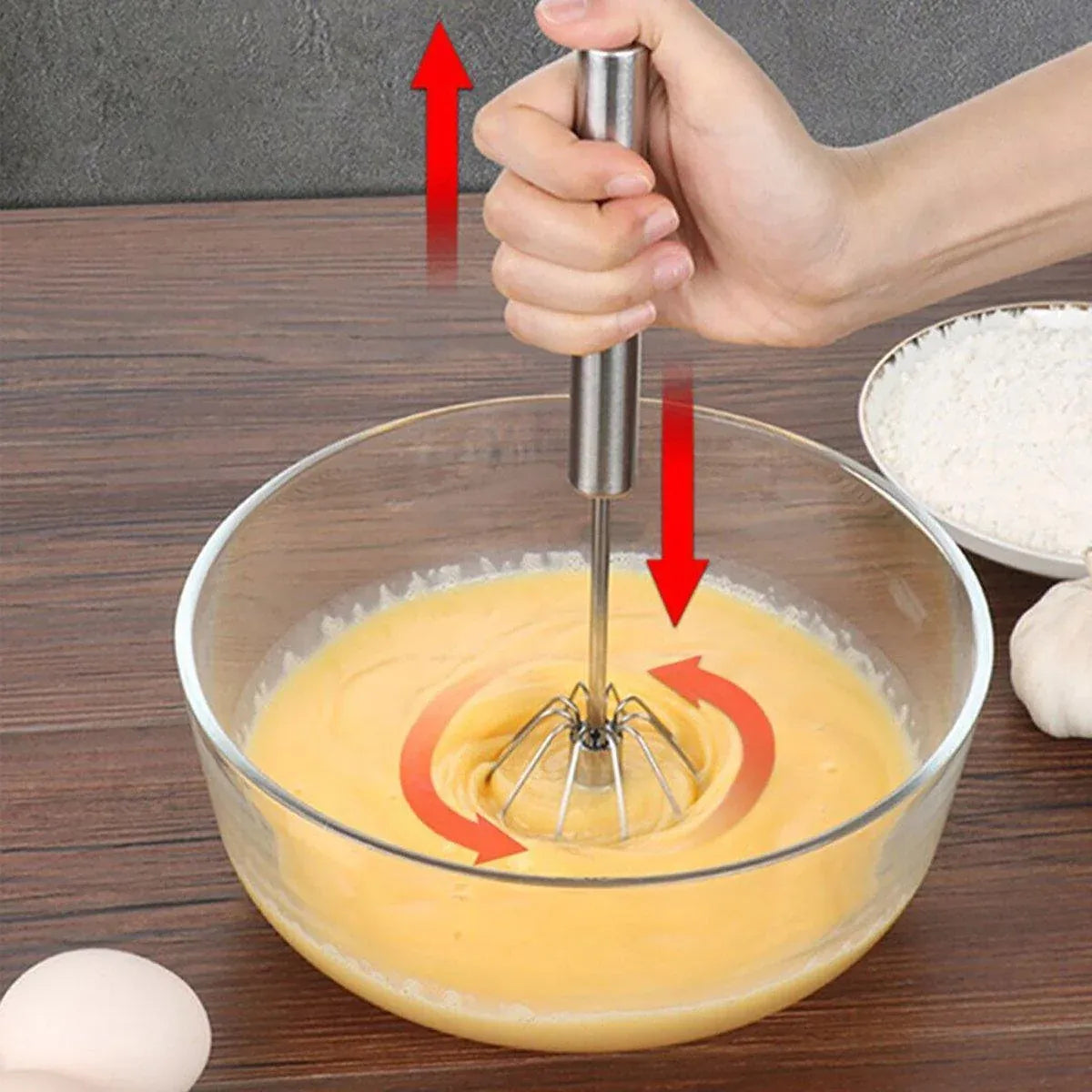 Stainless Steel Semi-Automatic Egg Beater Hand Pressed Kitchen Baking Tool - 10 Inch