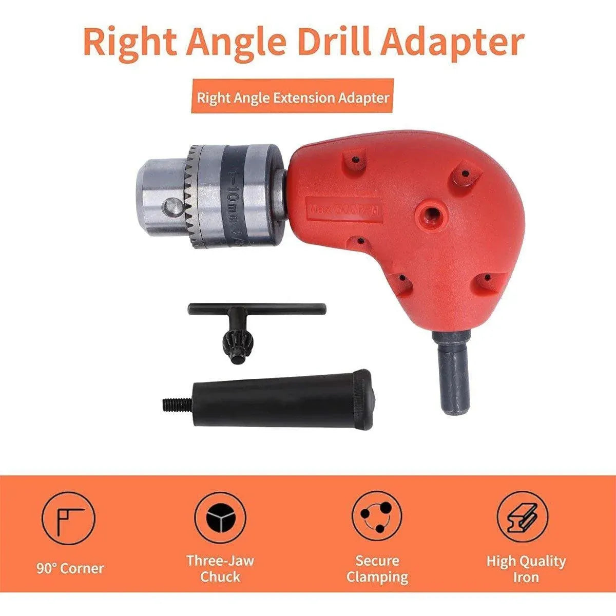 90-Degree Right Angle Drill Attachment 1/4inch Drive Adapter with Chuck Key Tools