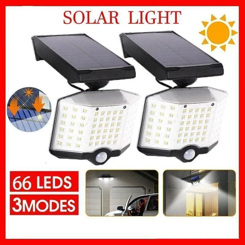 66 LED Solar Motion Sensor Light Outdoor Wall Security Lamp with 3 Heads