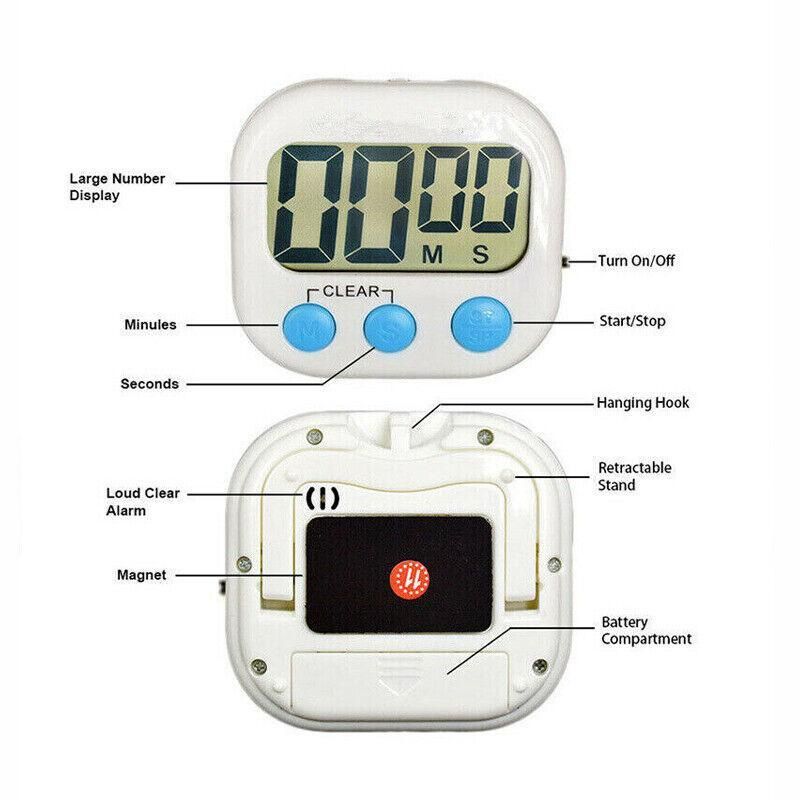 Kitchen Timer with Large LCD Display Screen and Back Mount Countdown Alarm