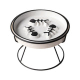 Ceramic Cat Bowl Slow Feeder Pet Food Tray for Cats and Dogs Non Slip Design - Black Bowl-Black Tray Rack