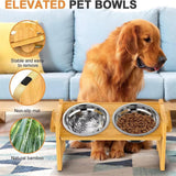 Wood Adjustable Elevated Raised Pet Dog Feeder Stainless Steel Bowl Water Stand