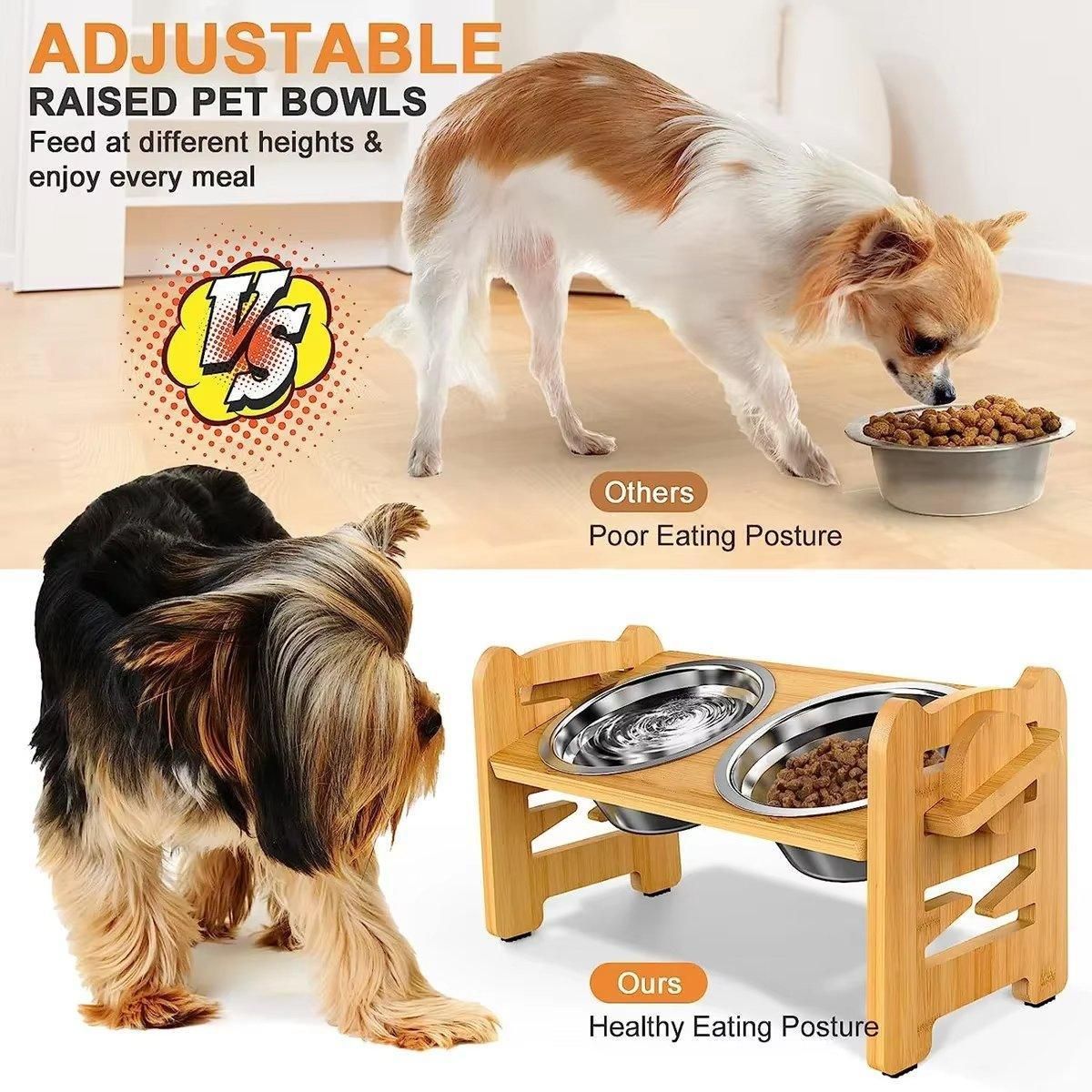 Wood Adjustable Elevated Raised Pet Dog Feeder Stainless Steel Bowl Water Stand