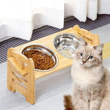 Wood Adjustable Elevated Raised Pet Dog Feeder Stainless Steel Bowl Water Stand