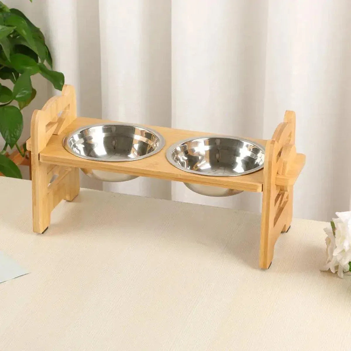 Wood Adjustable Elevated Raised Pet Dog Feeder Stainless Steel Bowl Water Stand