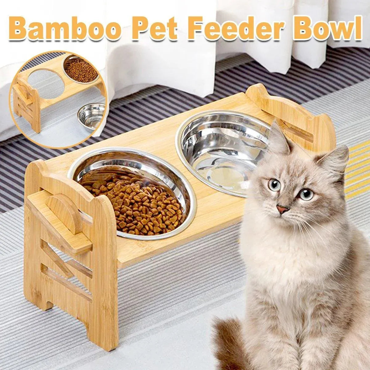 Wood Adjustable Elevated Raised Pet Dog Feeder Stainless Steel Bowl Water Stand