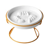 Ceramic Cat Bowl Slow Feeder Pet Food Tray for Cats and Dogs Non Slip Design - Yellow Bowl-White Tray Rack