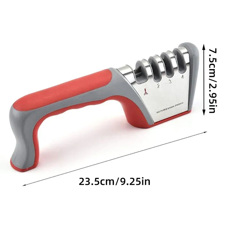 Four Stage Knife Sharpener Multifunction Kitchen Blade Sharpening Tool Quick Use - Red