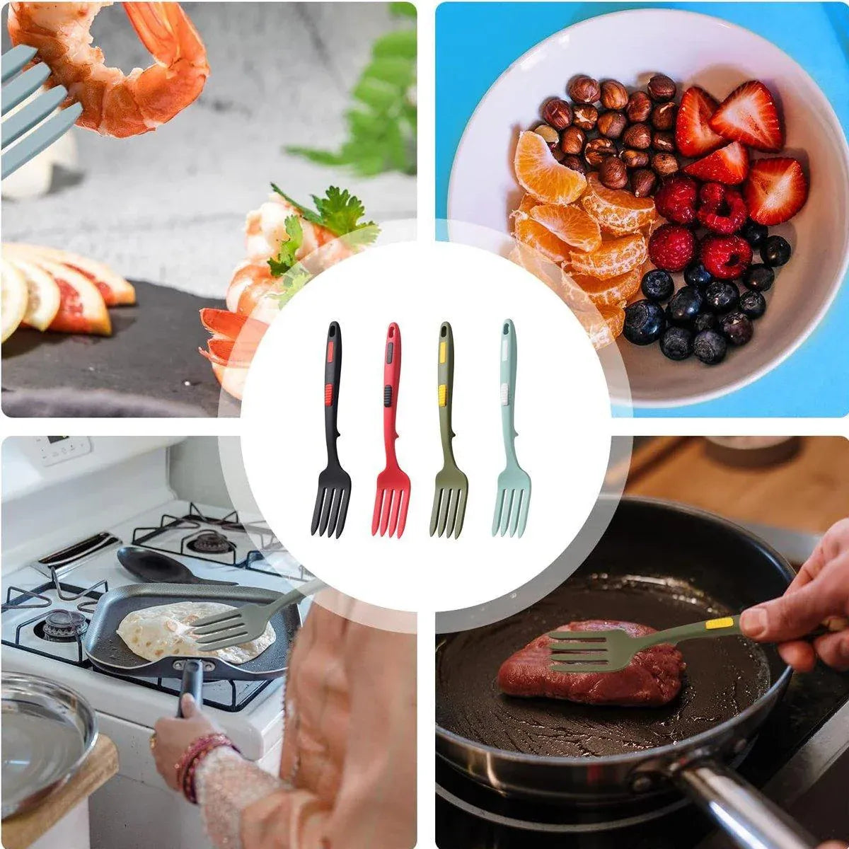 2PCS Silicone Heat Resistant Flexible Cooking Forks Dishwasher Safe Kitchen - Blue-Green