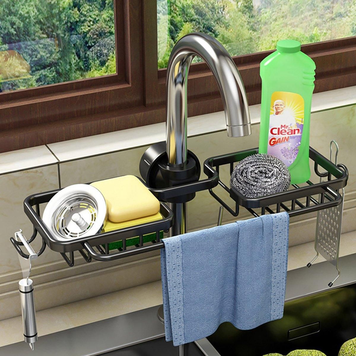 Multifunctional Faucet Shelf Kitchen Storage Sink Draining Basket Household Rack - Black