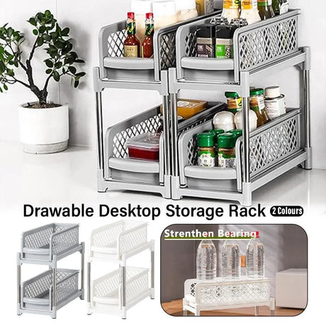 Bathroom Kitchen Sink Storage Rack Drawer Plastic Shelf Seasoning Holder - White