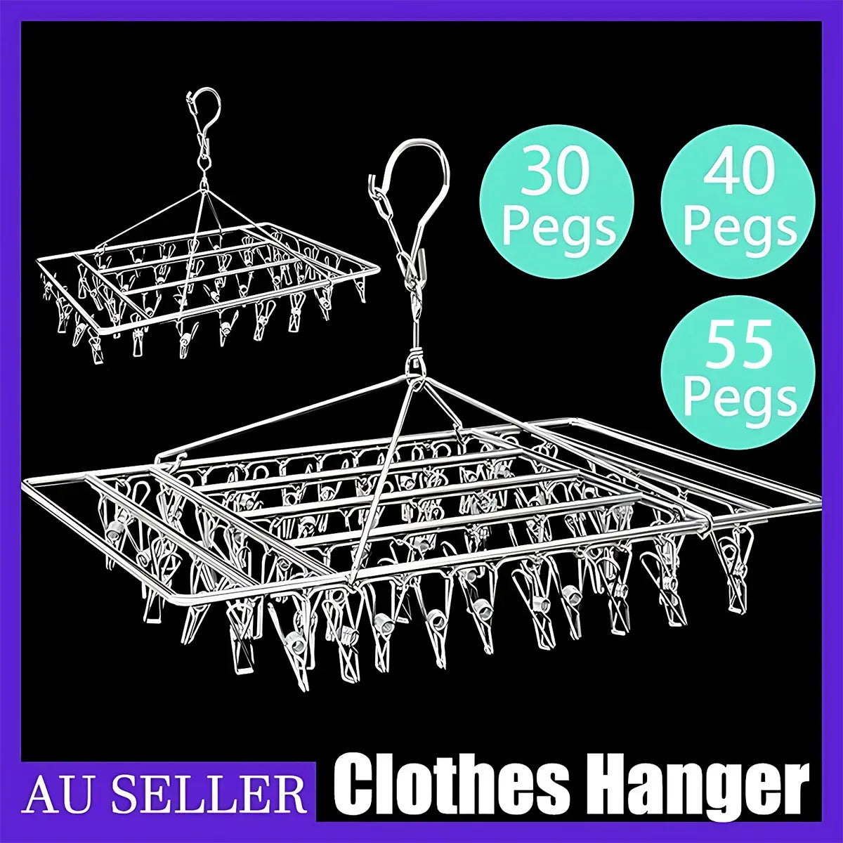 30/40/55 Pegs Stainless Steel Laundry Sock Underwear Clothes Dryer Rack Hanger - 30Pegs