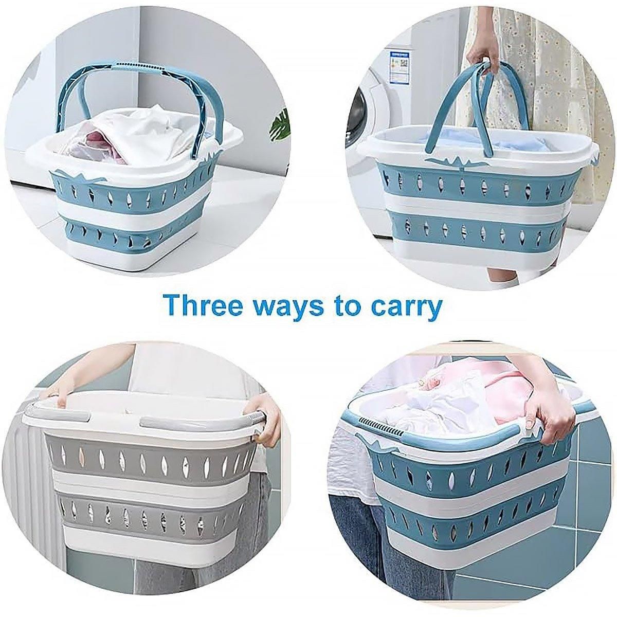Large Folding Laundry Basket Plastic Dirty Clothes Hamper Blue Bathroom Storage - Blue