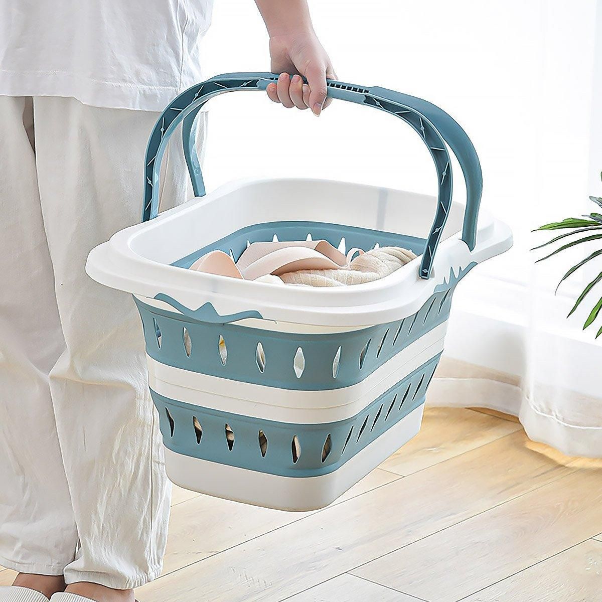 Large Folding Laundry Basket Plastic Dirty Clothes Hamper Blue Bathroom Storage - Blue