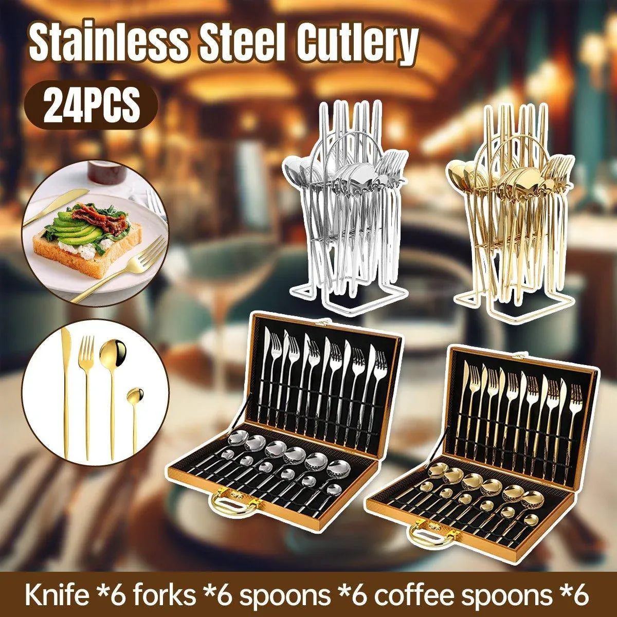 24PCS Stainless Steel Cutlery Set Knife Fork Spoon Set Durable Flatware Dining - Gold gift box set