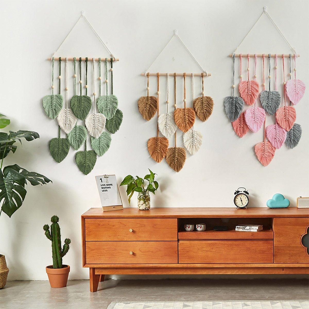 Handmade Braided Cotton Rope Leaves Wall Hanging Home Decoration Ornament - Green