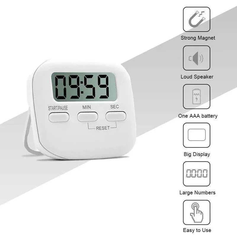 Digital Kitchen Timer 99 Minute Countdown Clock With LCD Display and Metal Mount - White