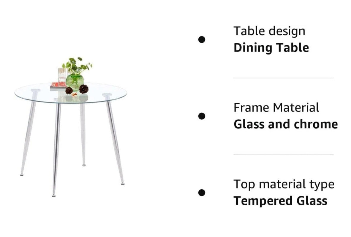 Glass Dining Table, Modern Round Kitchen Table, Modern Dinner Table with Spacious Tempered Glass Tabletop & Chromed Legs for Home & Office, 80x70cm