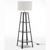 Eiffel 3 Tier Natural Wood Floor Lamp w/ Storage Shelves + Off White Linen Shade