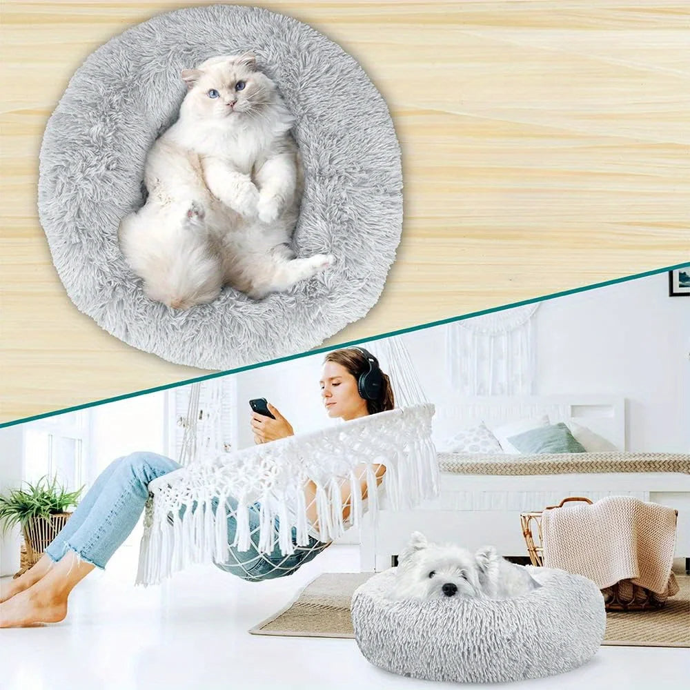 Large-60cm cream PawfectFriend Dog Pet Cat Calming Bed Plush Beds Large Fluffy Donut Comfy Cushion Puppy Mat