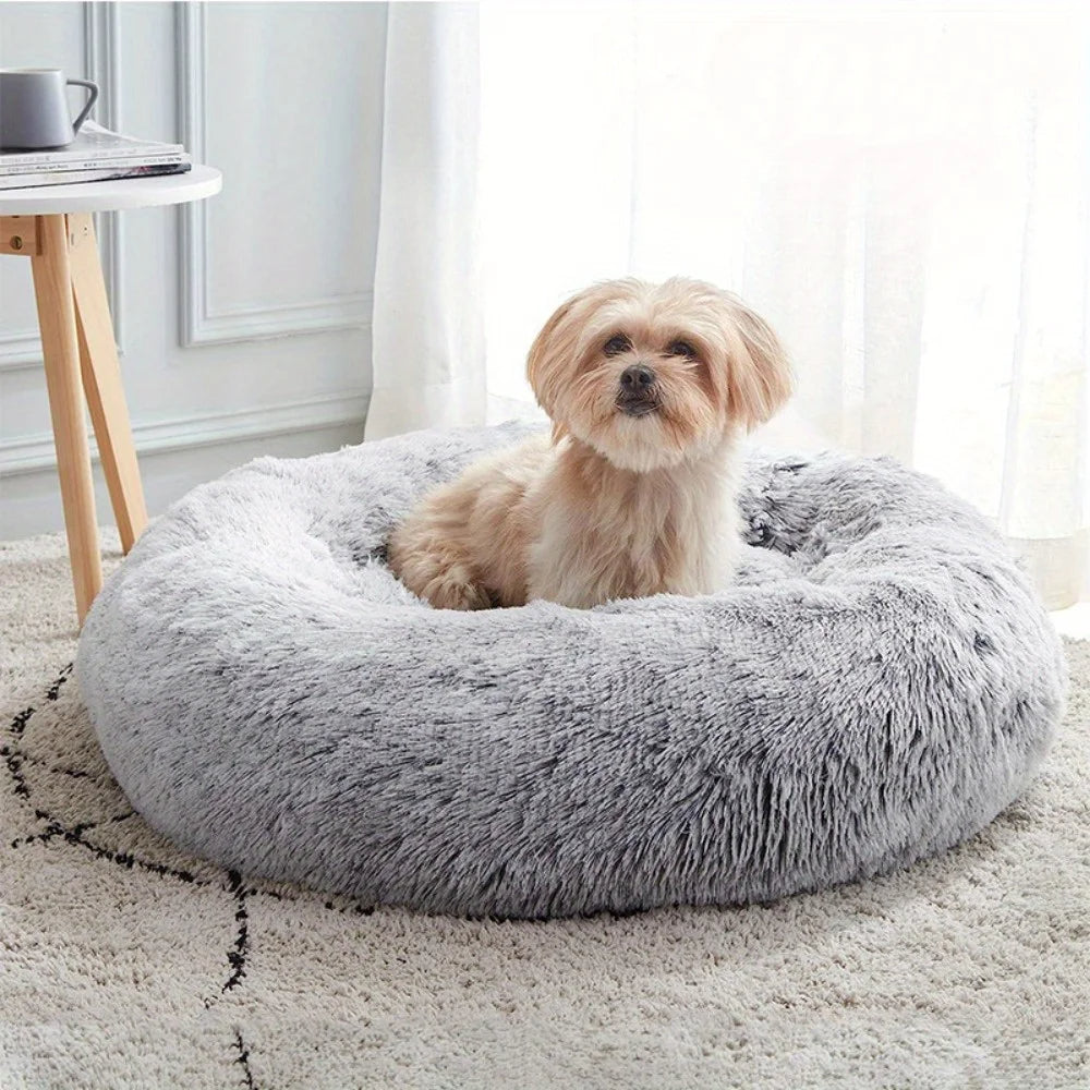 Large-60cm cream PawfectFriend Dog Pet Cat Calming Bed Plush Beds Large Fluffy Donut Comfy Cushion Puppy Mat